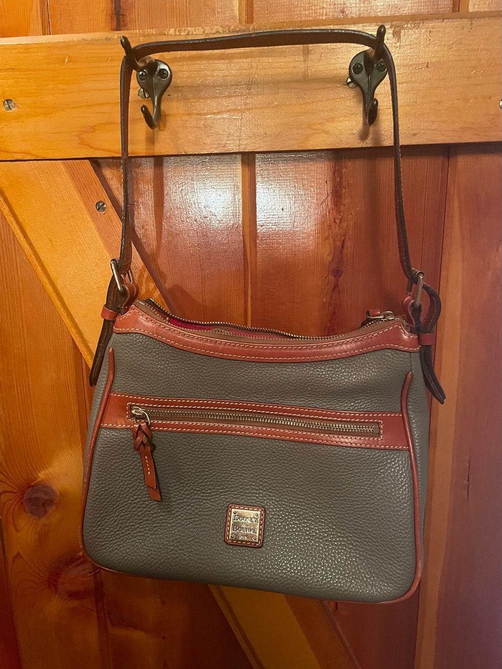 Vintage ClassicDooney & Bourke Gray Pebbled Leather Shoulder Bag with Brown Trim
